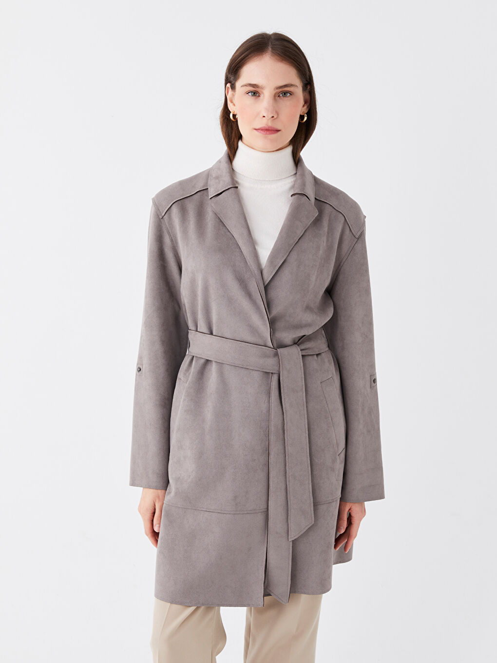 معطف واق من المطر ياقة الجاكيت سادة جلد شمواه للسيدات-2