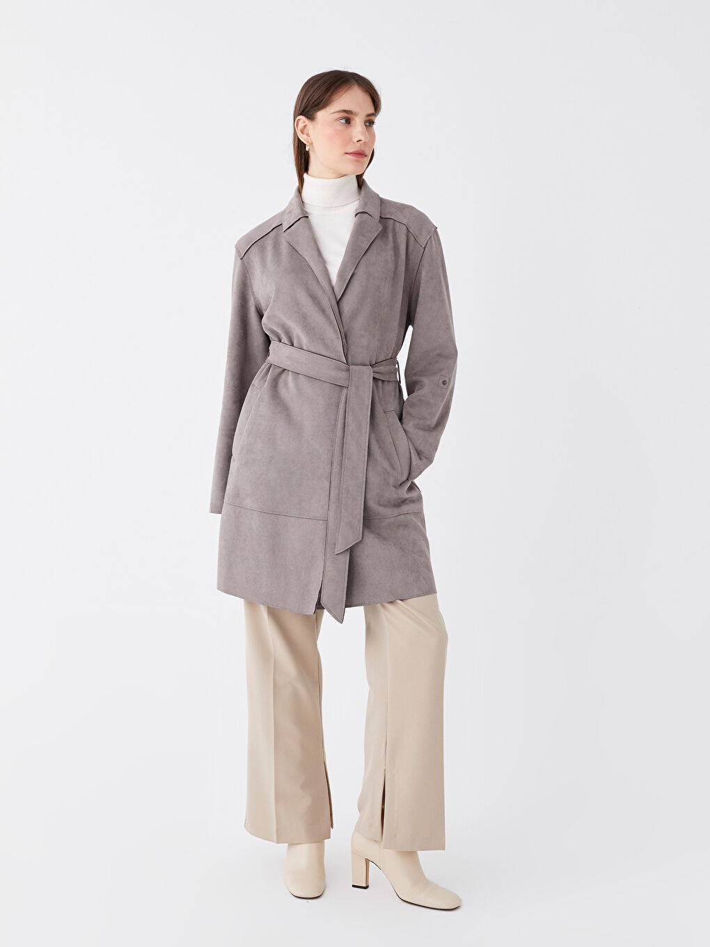 معطف واق من المطر ياقة الجاكيت سادة جلد شمواه للسيدات-3