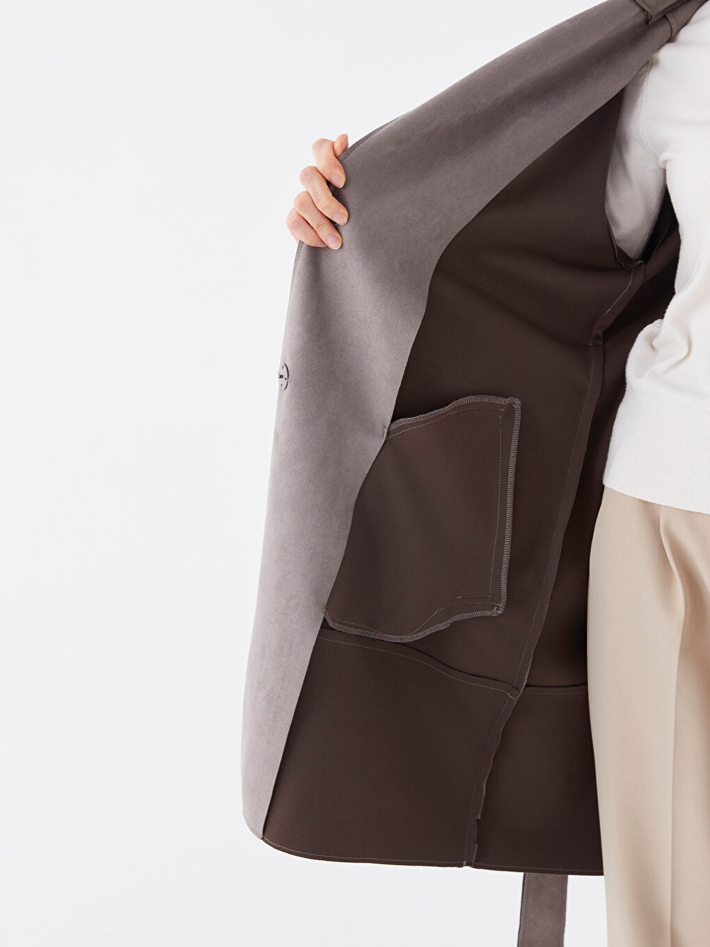 معطف واق من المطر ياقة الجاكيت سادة جلد شمواه للسيدات-4