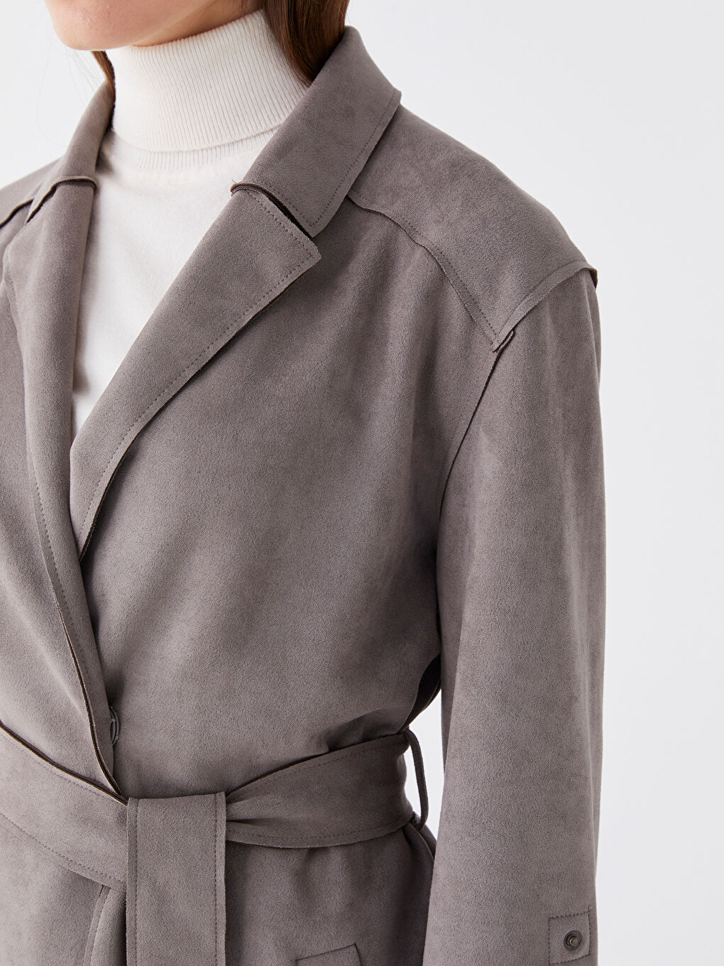 معطف واق من المطر ياقة الجاكيت سادة جلد شمواه للسيدات-5