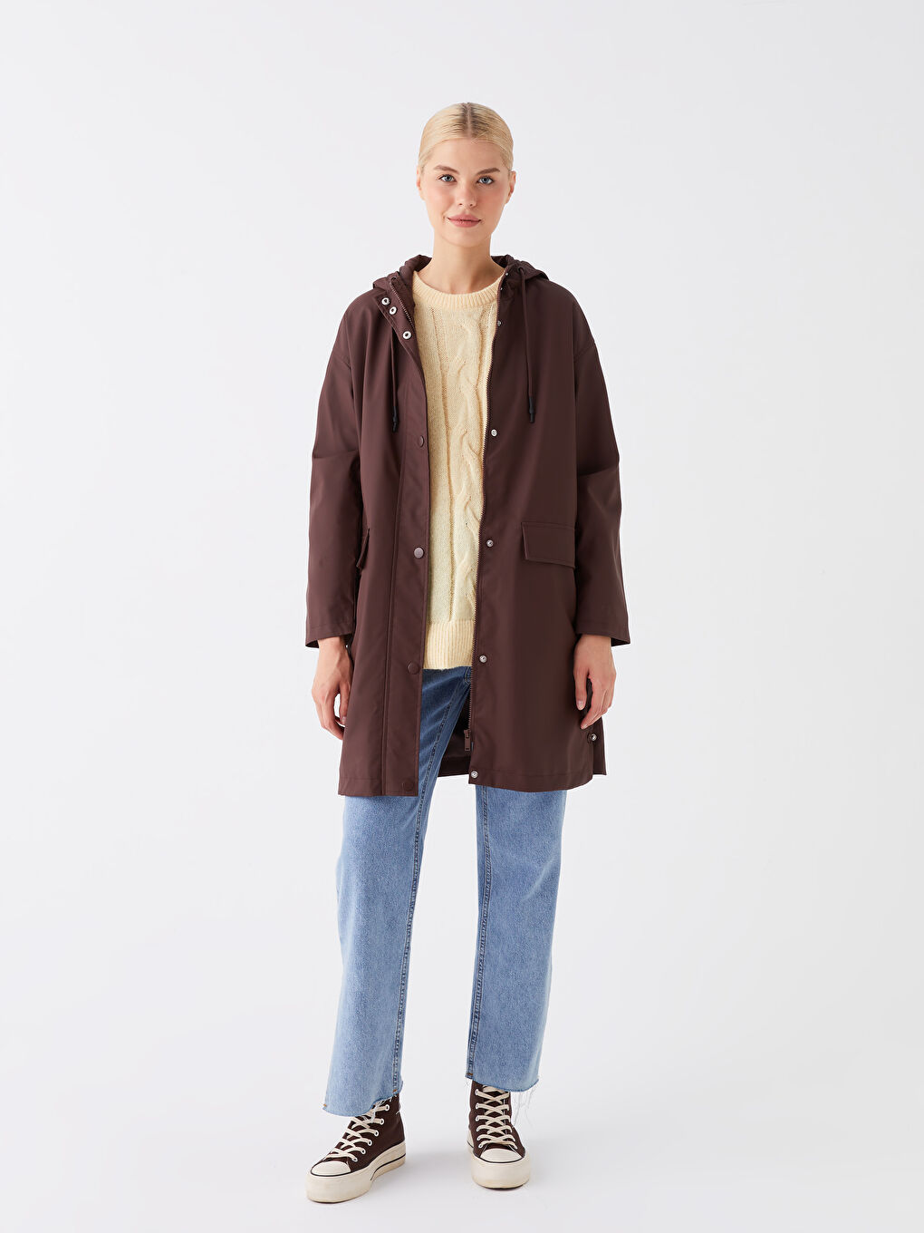 Kahverengi Kadın Kapüşonlu Düz Mont-1