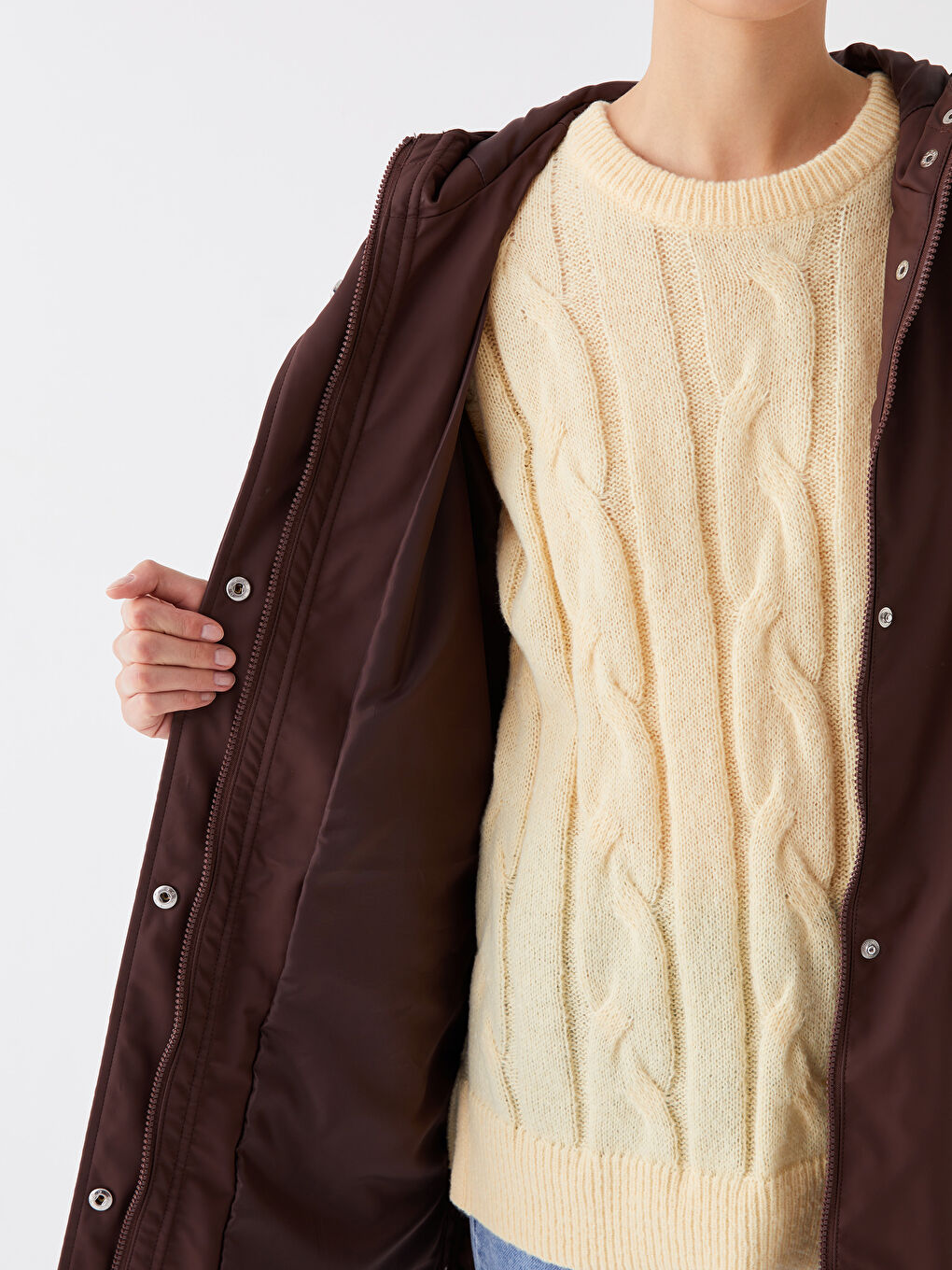 Kahverengi Kadın Kapüşonlu Düz Mont-4