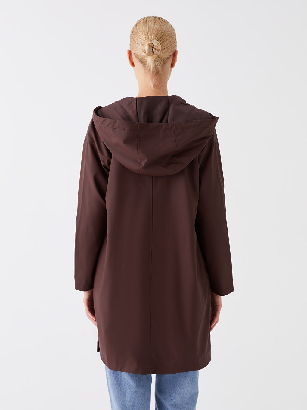 Kahverengi Kadın Kapüşonlu Düz Mont-6