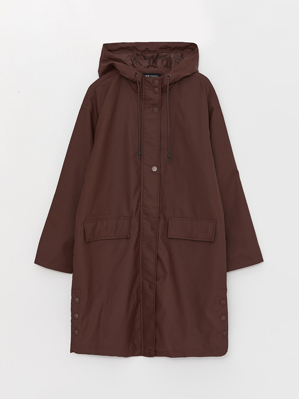 Kahverengi Kadın Kapüşonlu Düz Mont-7