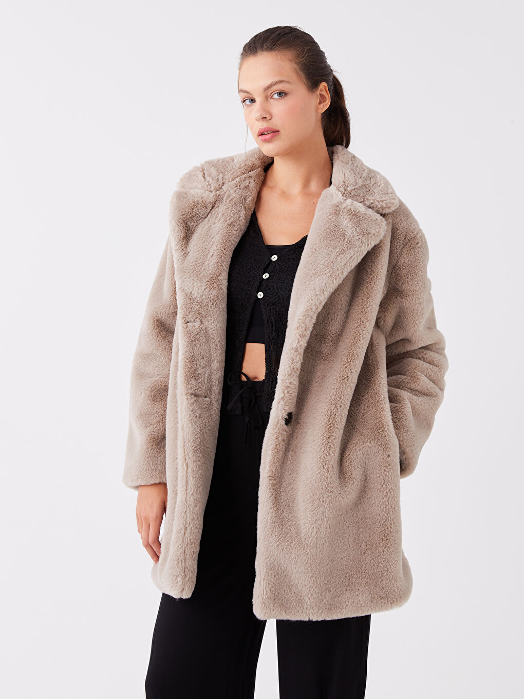 Әйелдерге арналған мойын өрнексіз үлпілдек пальто-2