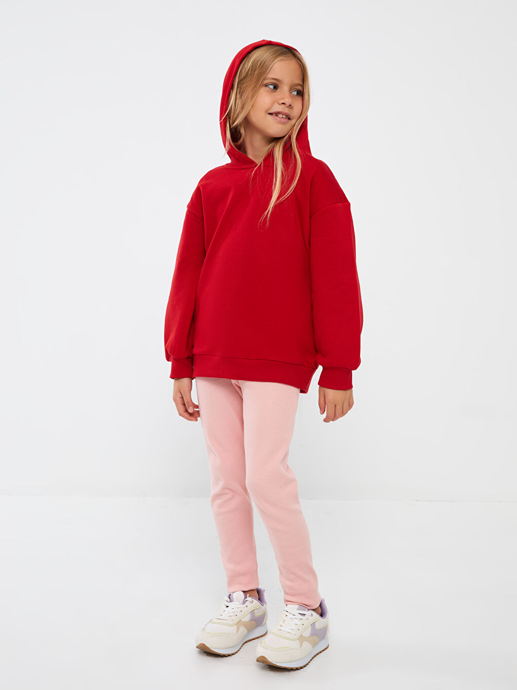 Kırmızı Basic Uzun Kollu Kız Çocuk Hoodie-2