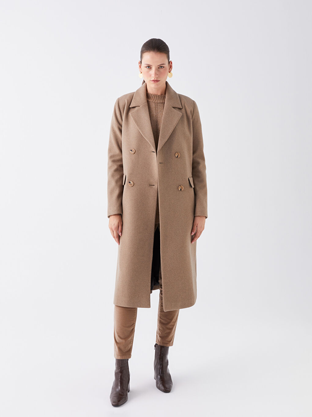 Bej Kadın Kruvaze Yaka Düz Kaşe Kaban