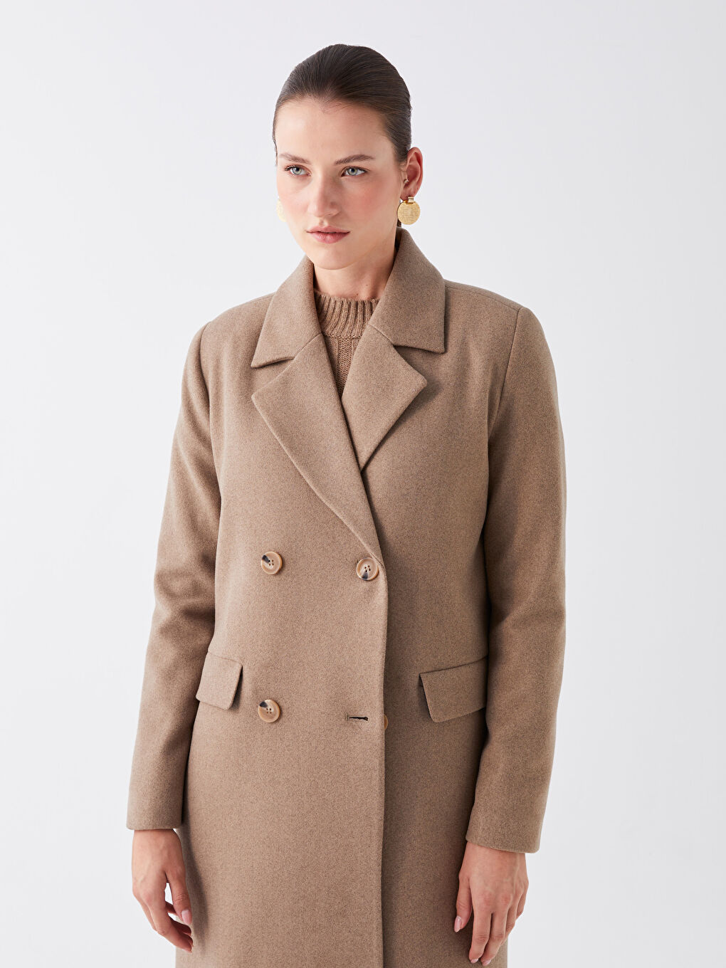 Bej Kadın Kruvaze Yaka Düz Kaşe Kaban-1