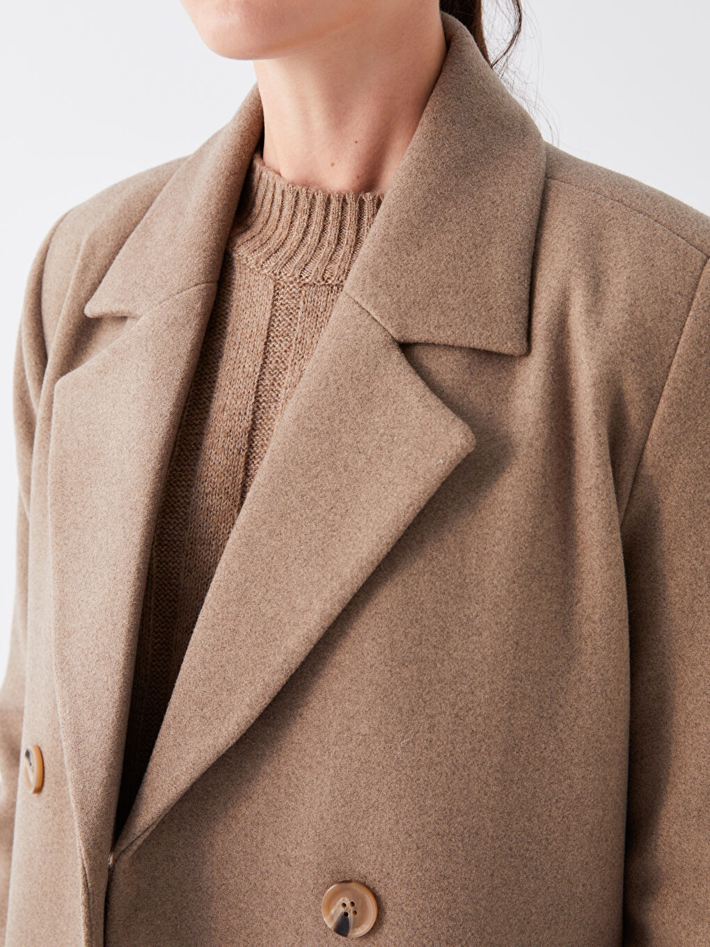 Bej Kadın Kruvaze Yaka Düz Kaşe Kaban-2