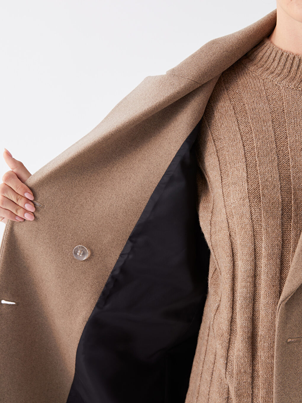 Bej Kadın Kruvaze Yaka Düz Kaşe Kaban-3