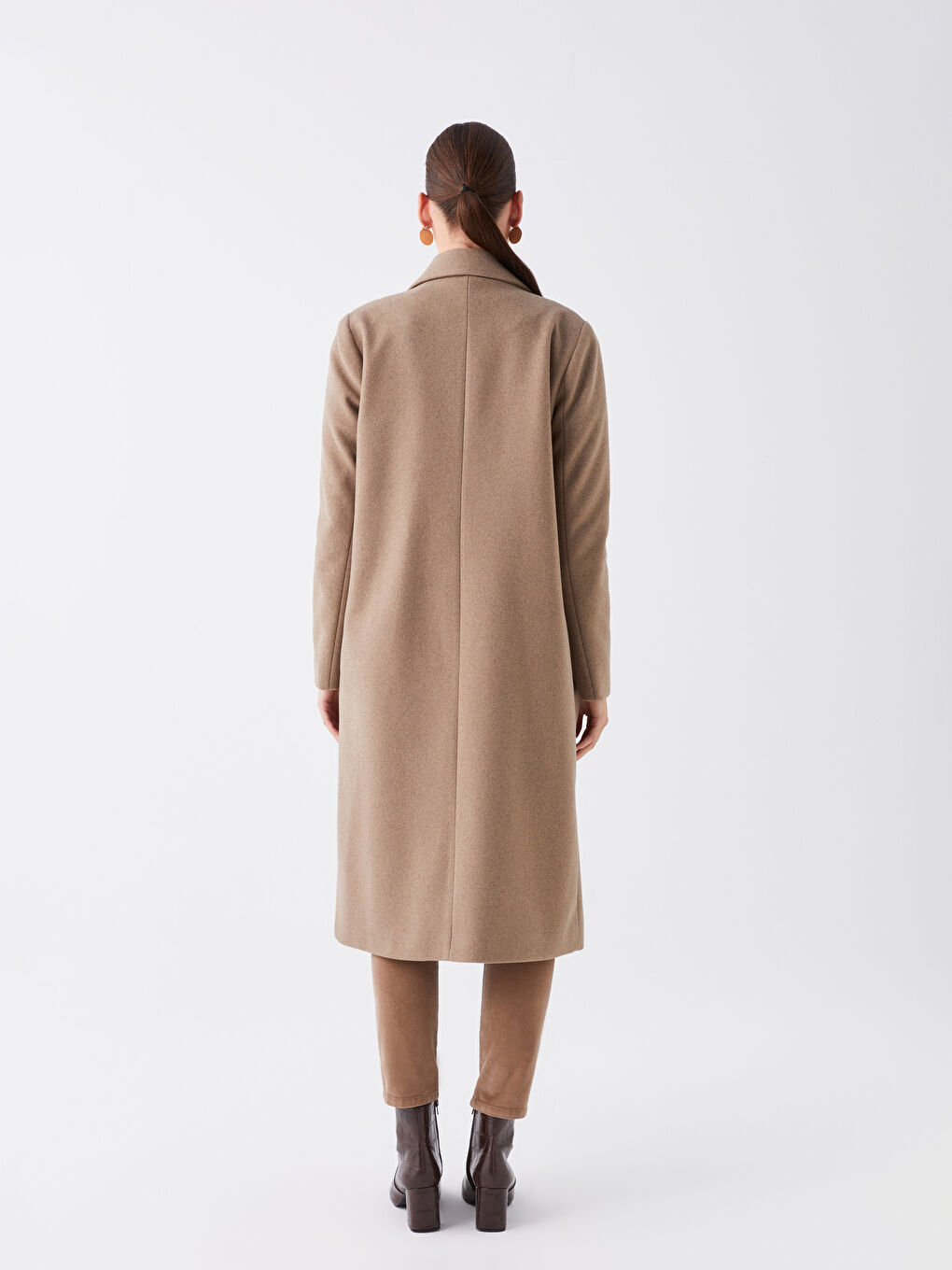 Bej Kadın Kruvaze Yaka Düz Kaşe Kaban-4