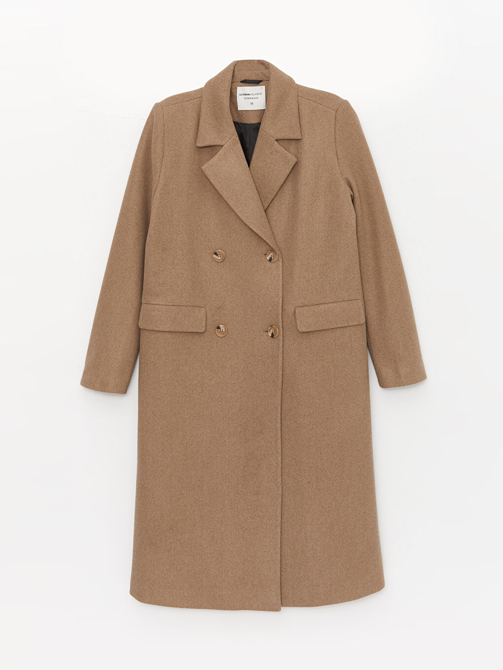 Bej Kadın Kruvaze Yaka Düz Kaşe Kaban-5