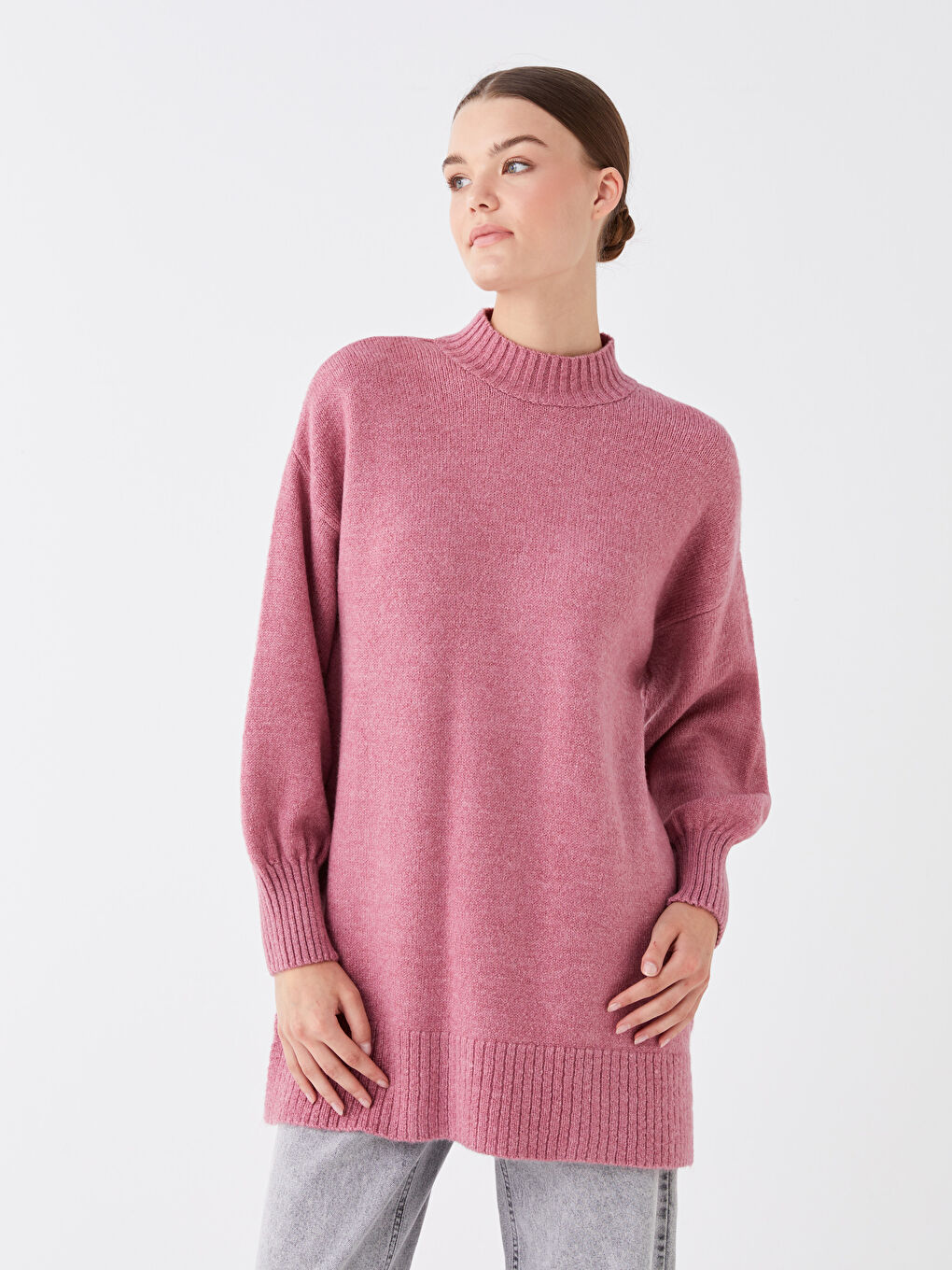 LCW Modest Canlı Pembe Yarım Balıkçı Yaka Düz Uzun Kollu Oversize Kadın Triko Tunik - 1