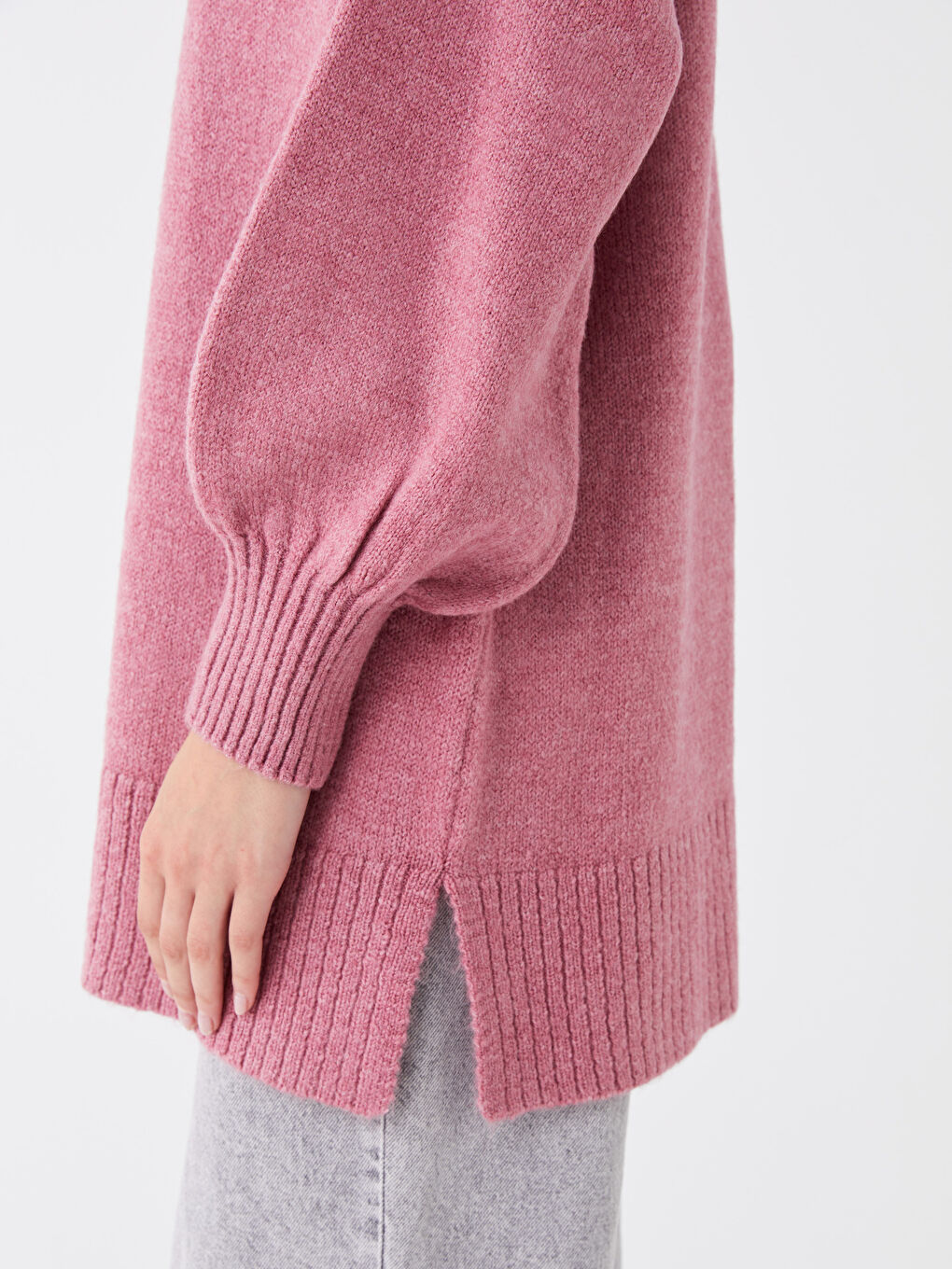 LCW Modest Canlı Pembe Yarım Balıkçı Yaka Düz Uzun Kollu Oversize Kadın Triko Tunik - 3