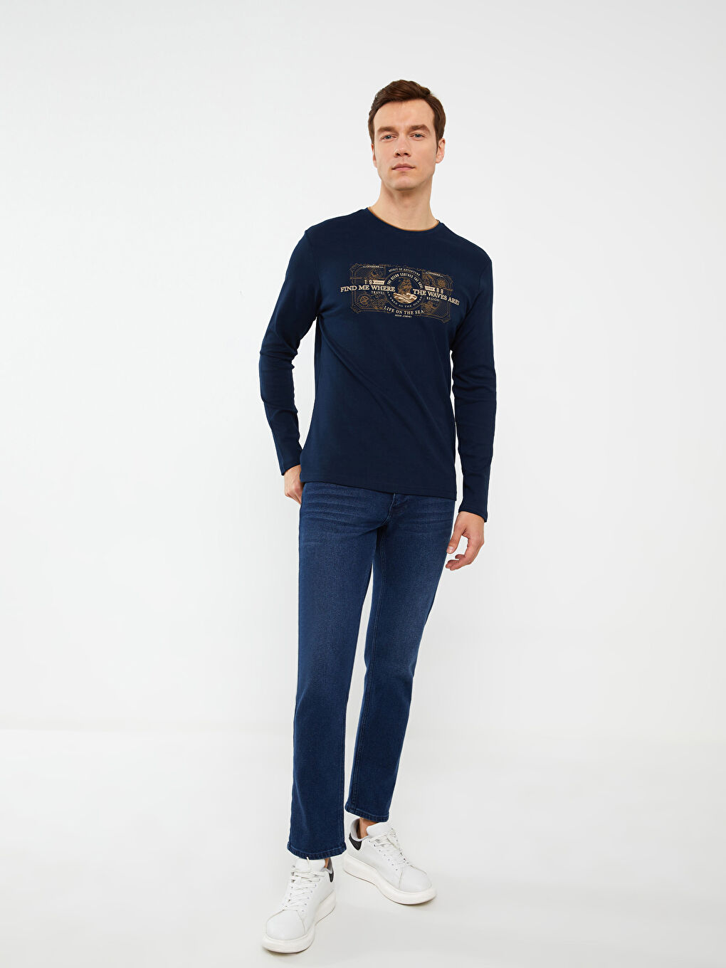 მრგვალი საყელო გრძელმკლავიანი ნაბეჭდი მამაკაცის მაისური-2