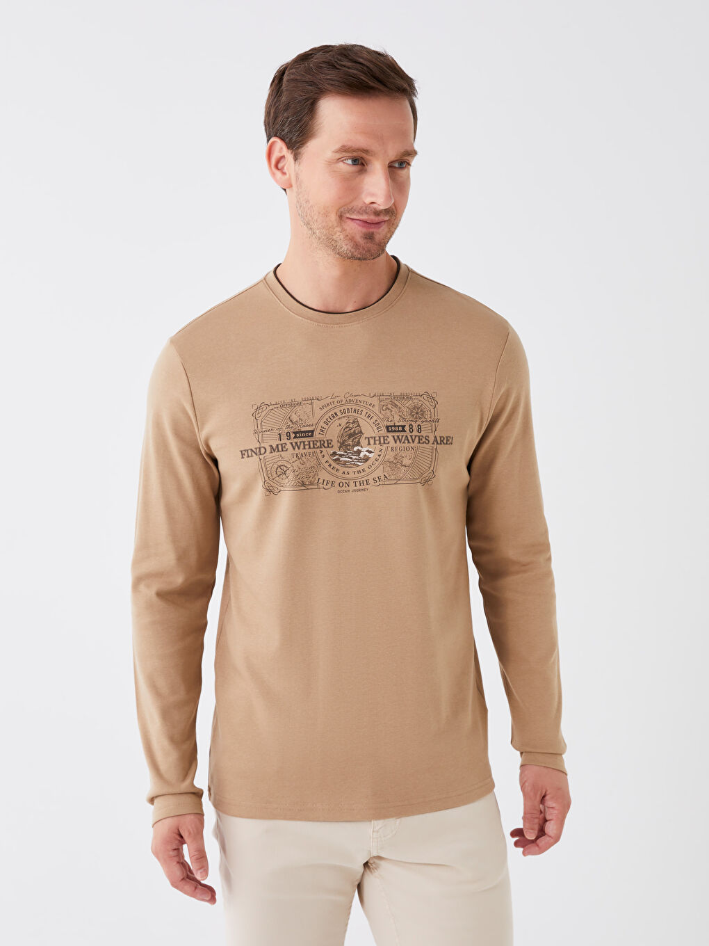Crew Neck Long Sleeve Printed Men's T-Shirt