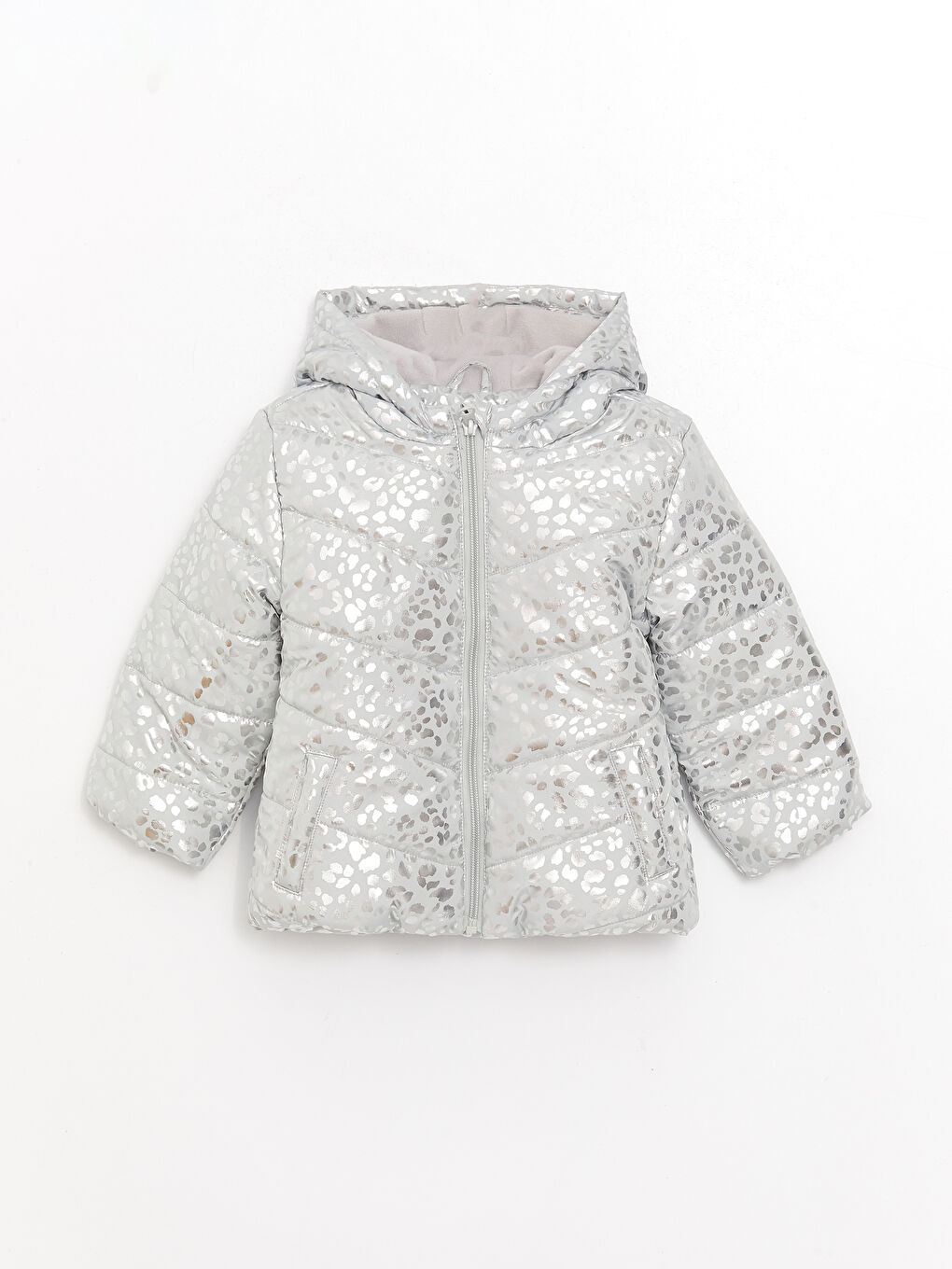 Gri Kapüşonlu Uzun Kollu Desenli Kız Bebek Mont