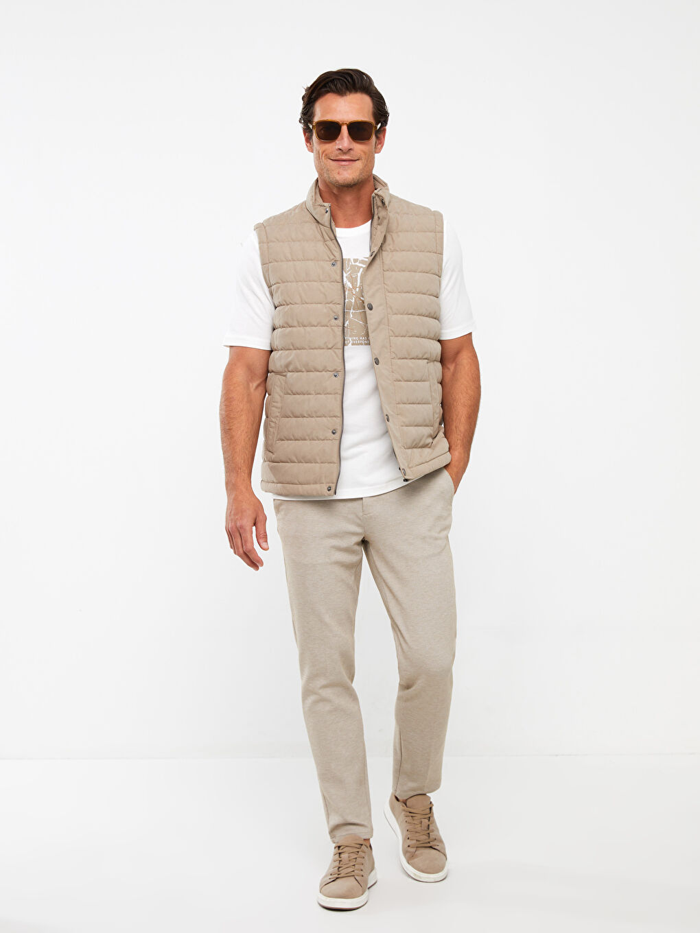 Bej Standart Kalıp Dik Yaka Erkek Şişme Yelek-2