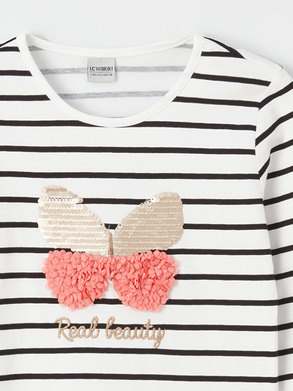 Siyah Bisiklet Yaka Çizgili Uzun Kollu Kız Çocuk Tişört-2