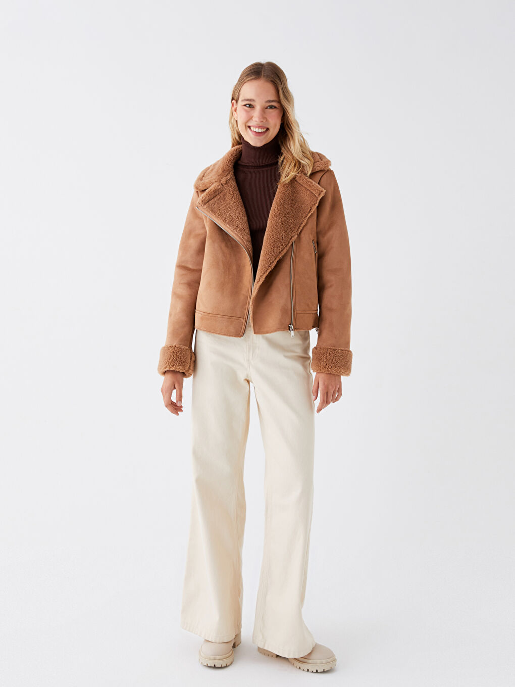 Biker Collar Straight Long Sleeved Women's Suede Looking Coat-1