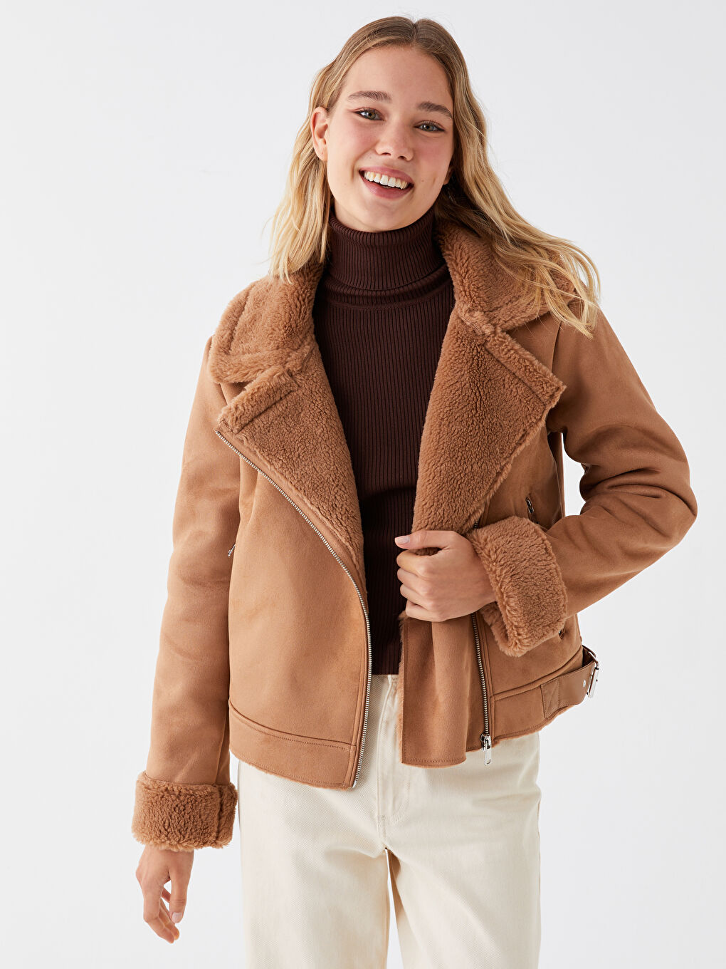 Biker Collar Straight Long Sleeved Women's Suede Looking Coat-2