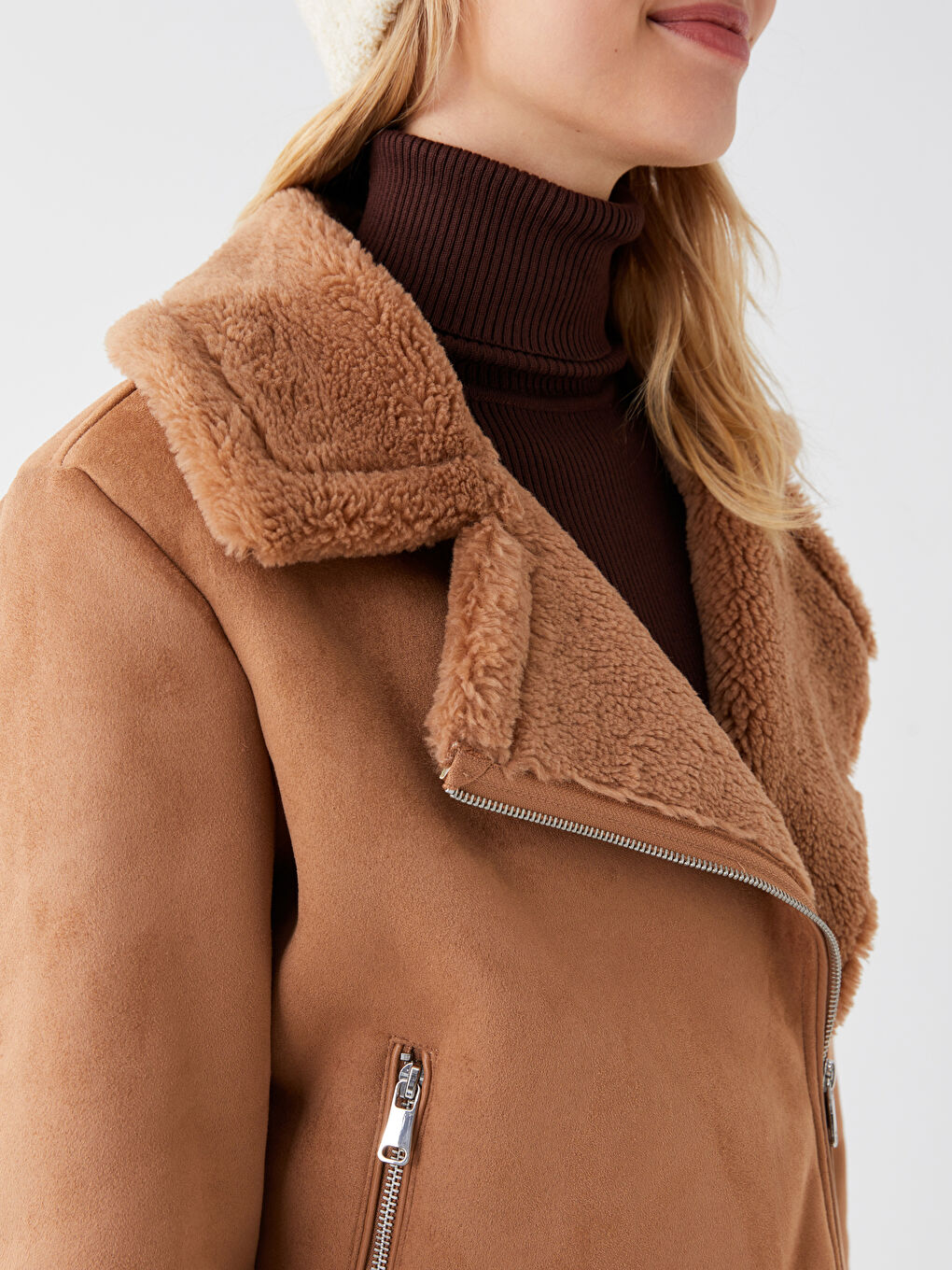 Biker Collar Straight Long Sleeved Women's Suede Looking Coat-3