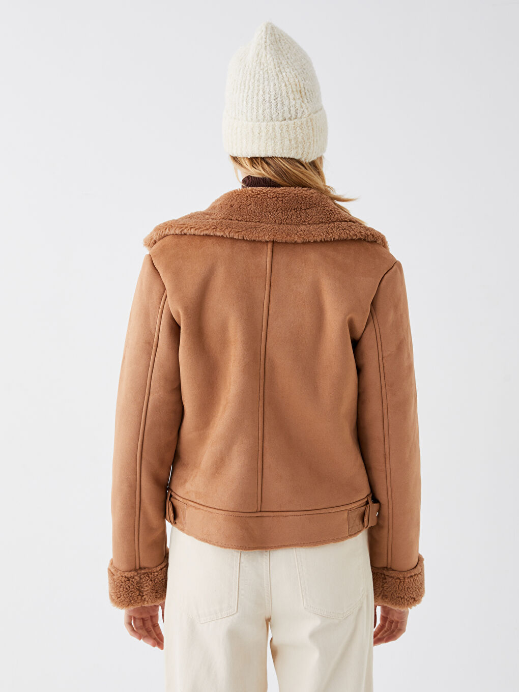 Biker Collar Straight Long Sleeved Women's Suede Looking Coat-5
