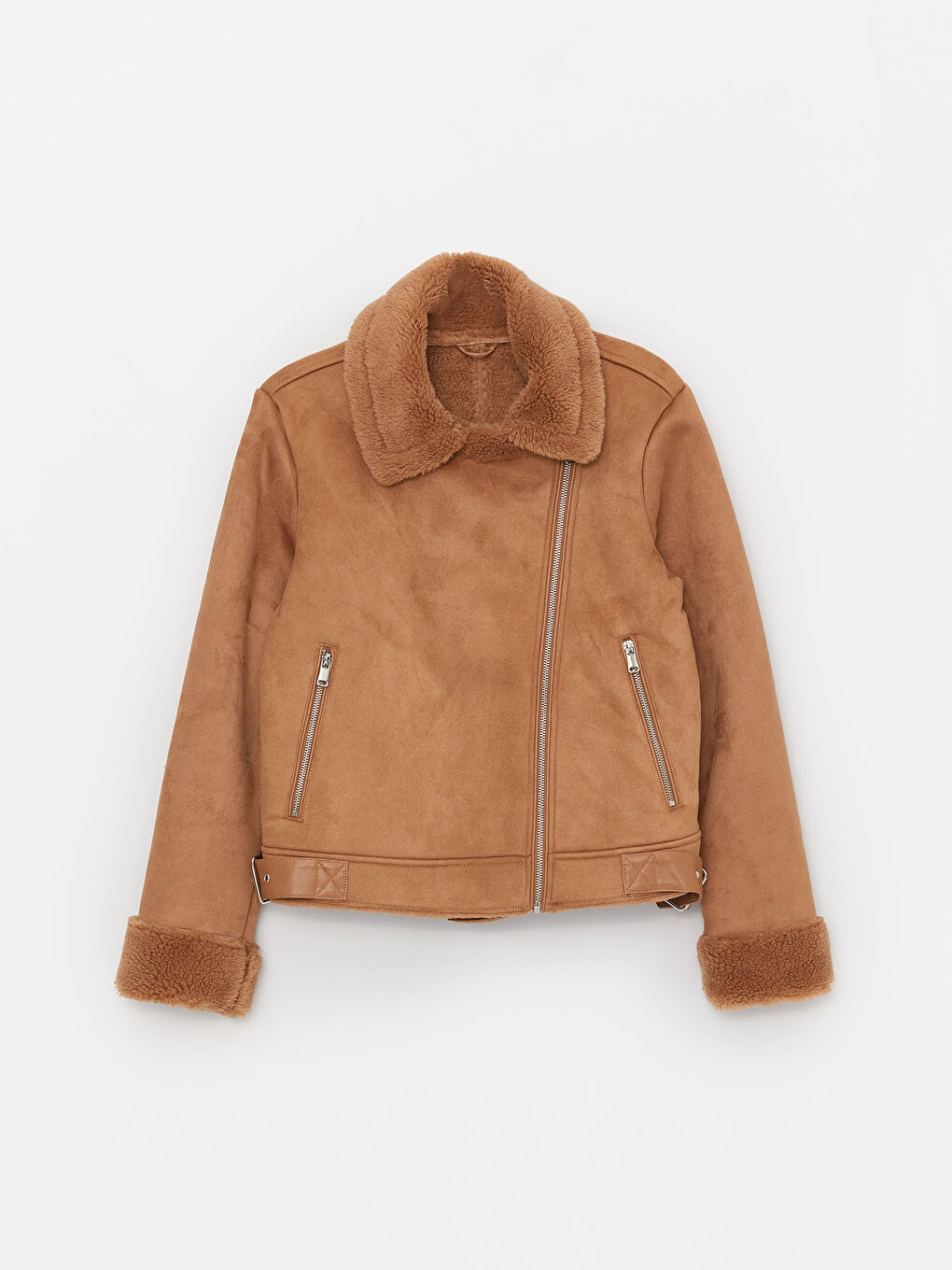 Biker Collar Straight Long Sleeved Women's Suede Looking Coat-6