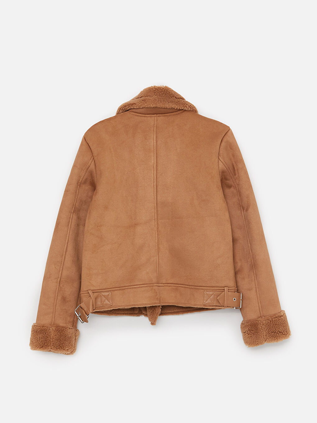 Biker Collar Straight Long Sleeved Women's Suede Looking Coat-7