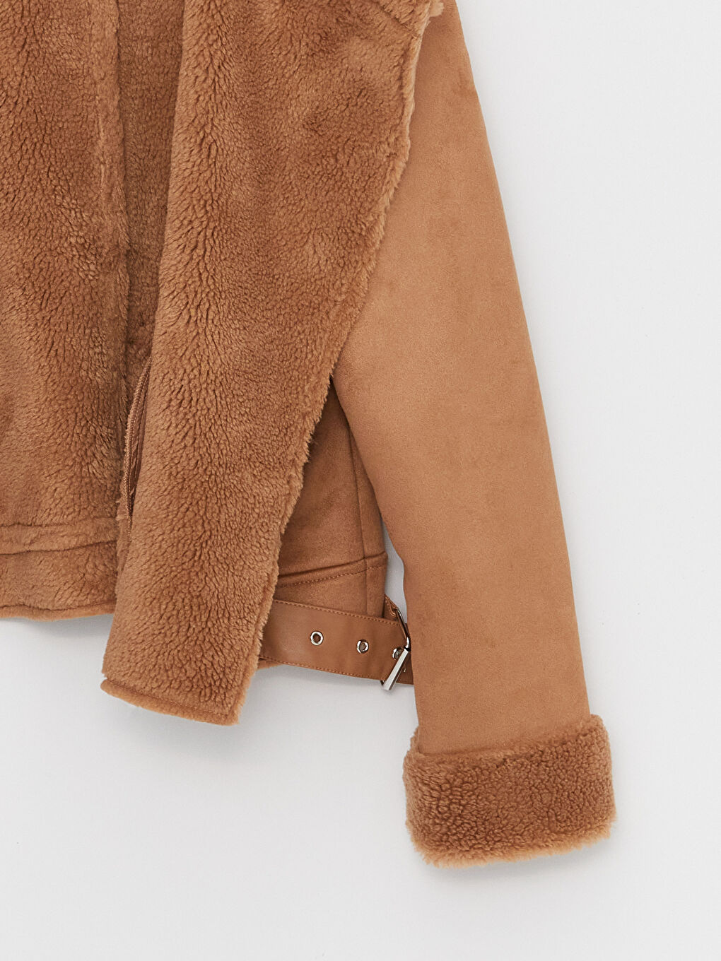 Biker Collar Straight Long Sleeved Women's Suede Looking Coat-8