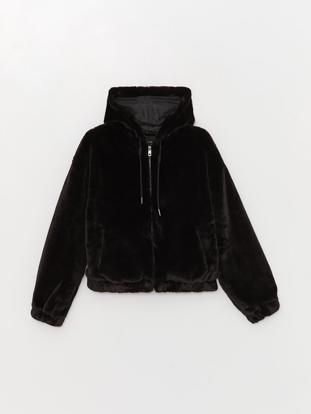 Siyah Kadın Kapüşonlu Düz Pelüş Mont-6