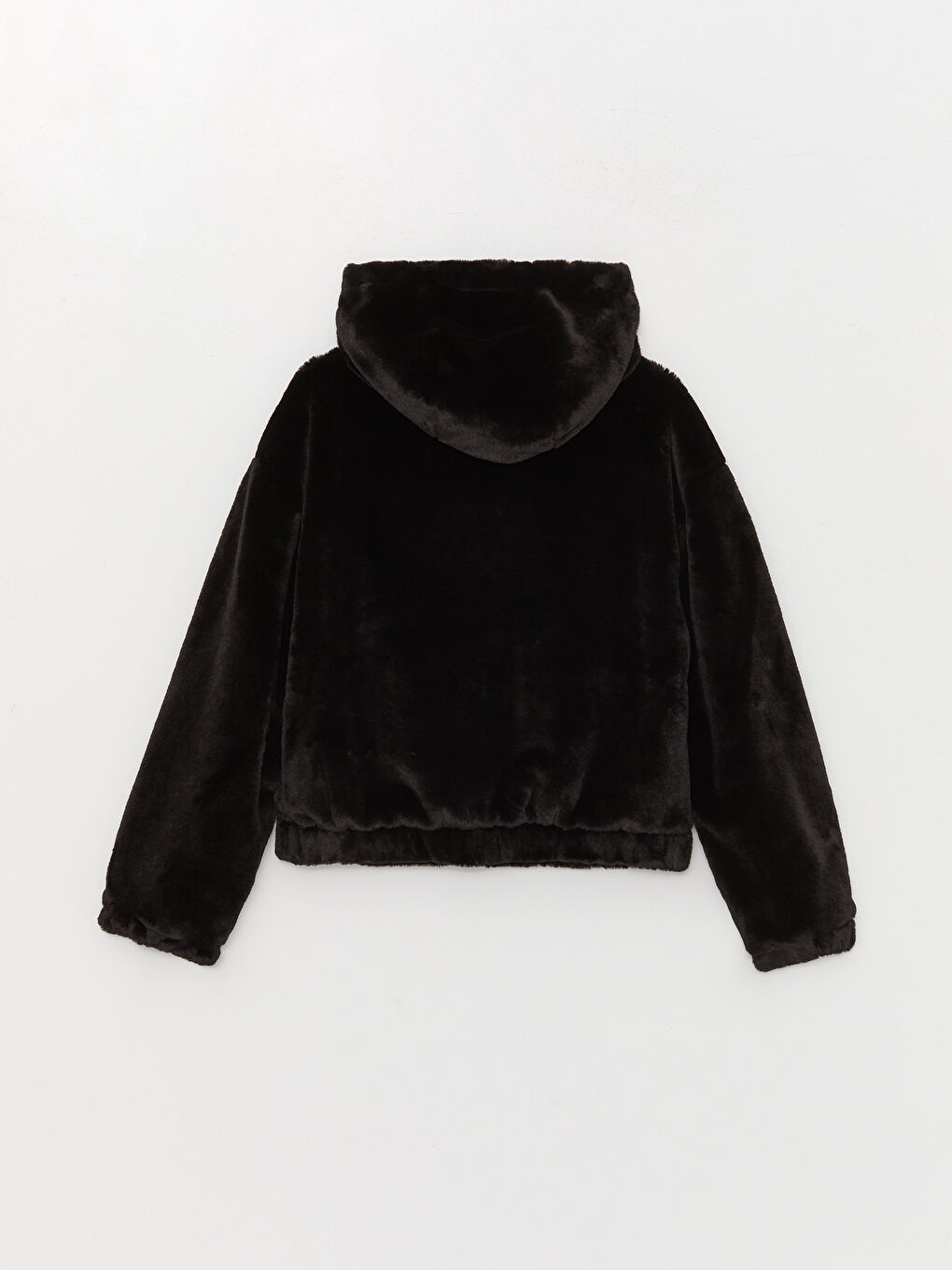 Siyah Kadın Kapüşonlu Düz Pelüş Mont-7