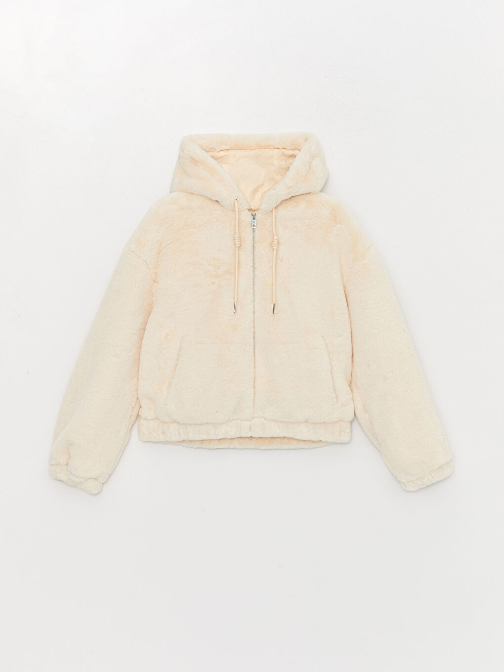 Ekru Kadın Kapüşonlu Düz Pelüş Mont-6