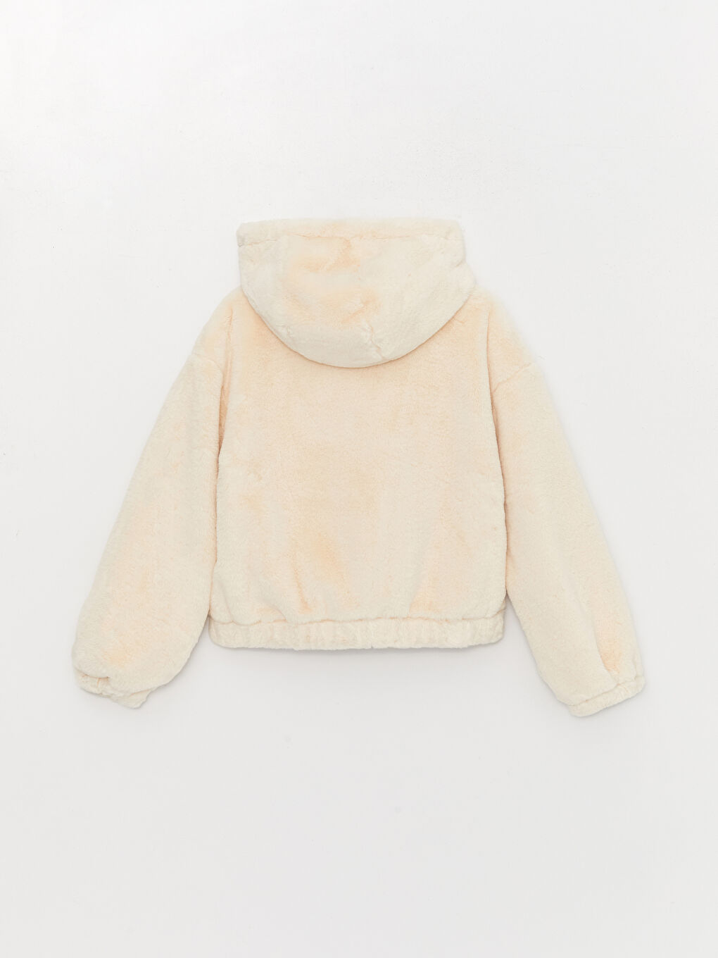 Ekru Kadın Kapüşonlu Düz Pelüş Mont-7