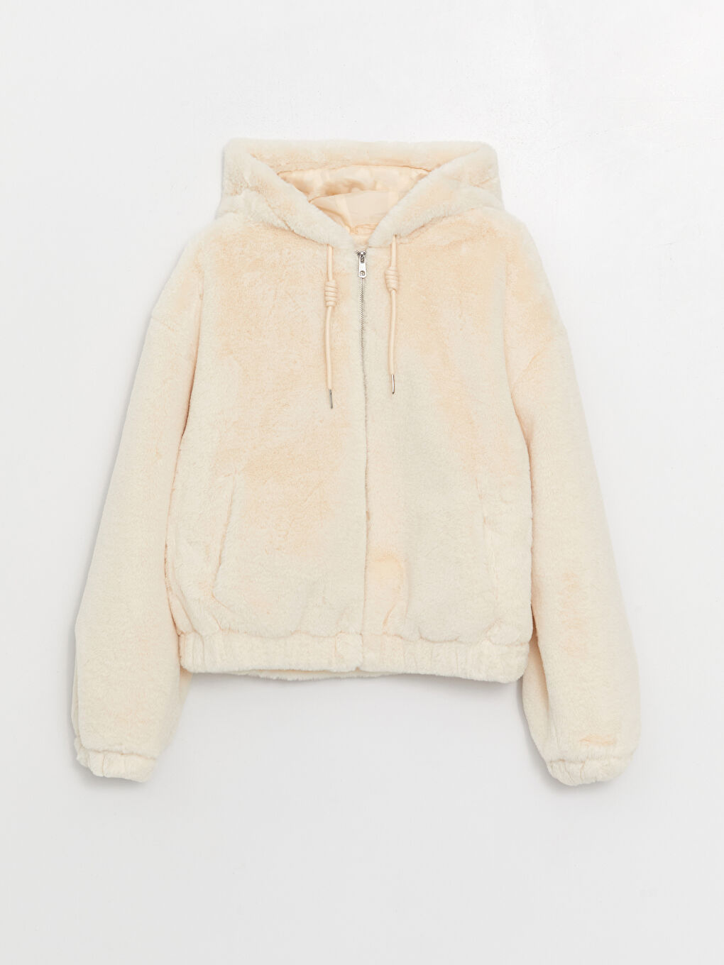 Ekru Kadın Kapüşonlu Düz Pelüş Mont-6