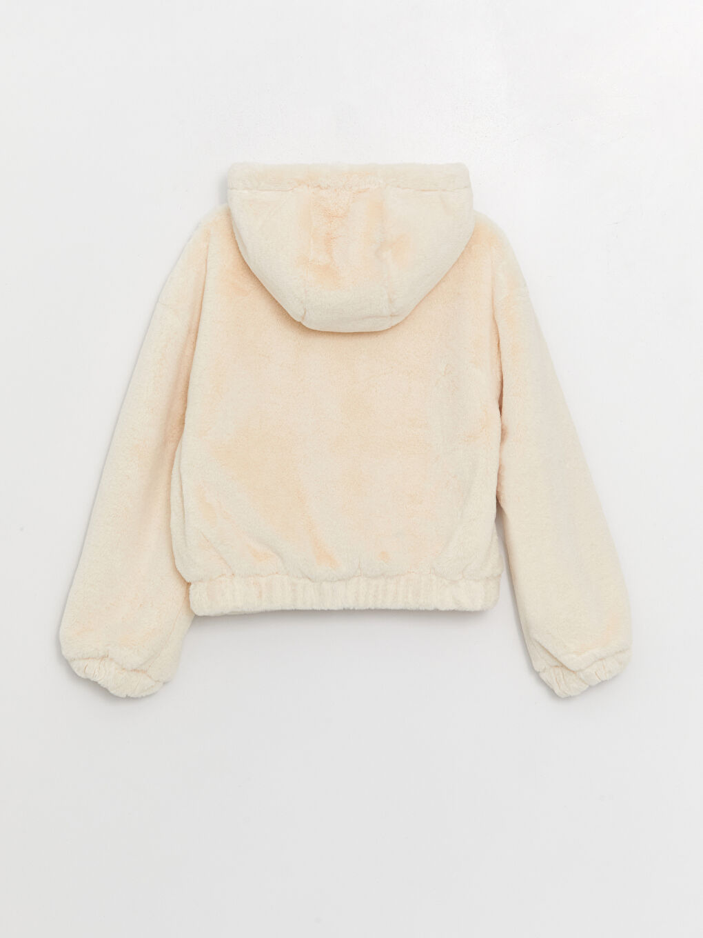 Ekru Kadın Kapüşonlu Düz Pelüş Mont-7