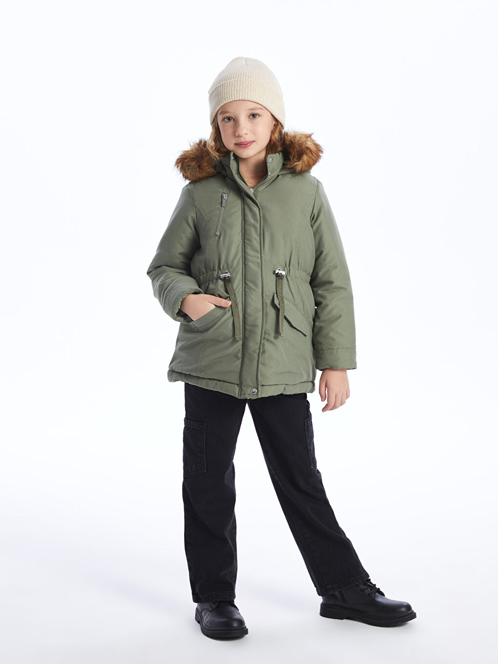 LCW Kids Haki Kapüşonlu Basic Kız Çocuk Mont - 3