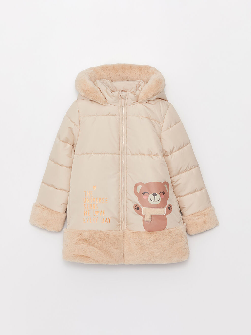 Bej Kapüşonlu Baskılı Kız Çocuk Mont