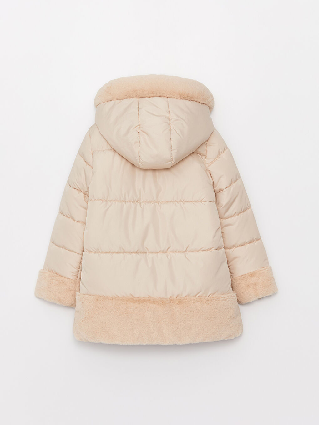 Bej Kapüşonlu Baskılı Kız Çocuk Mont-1