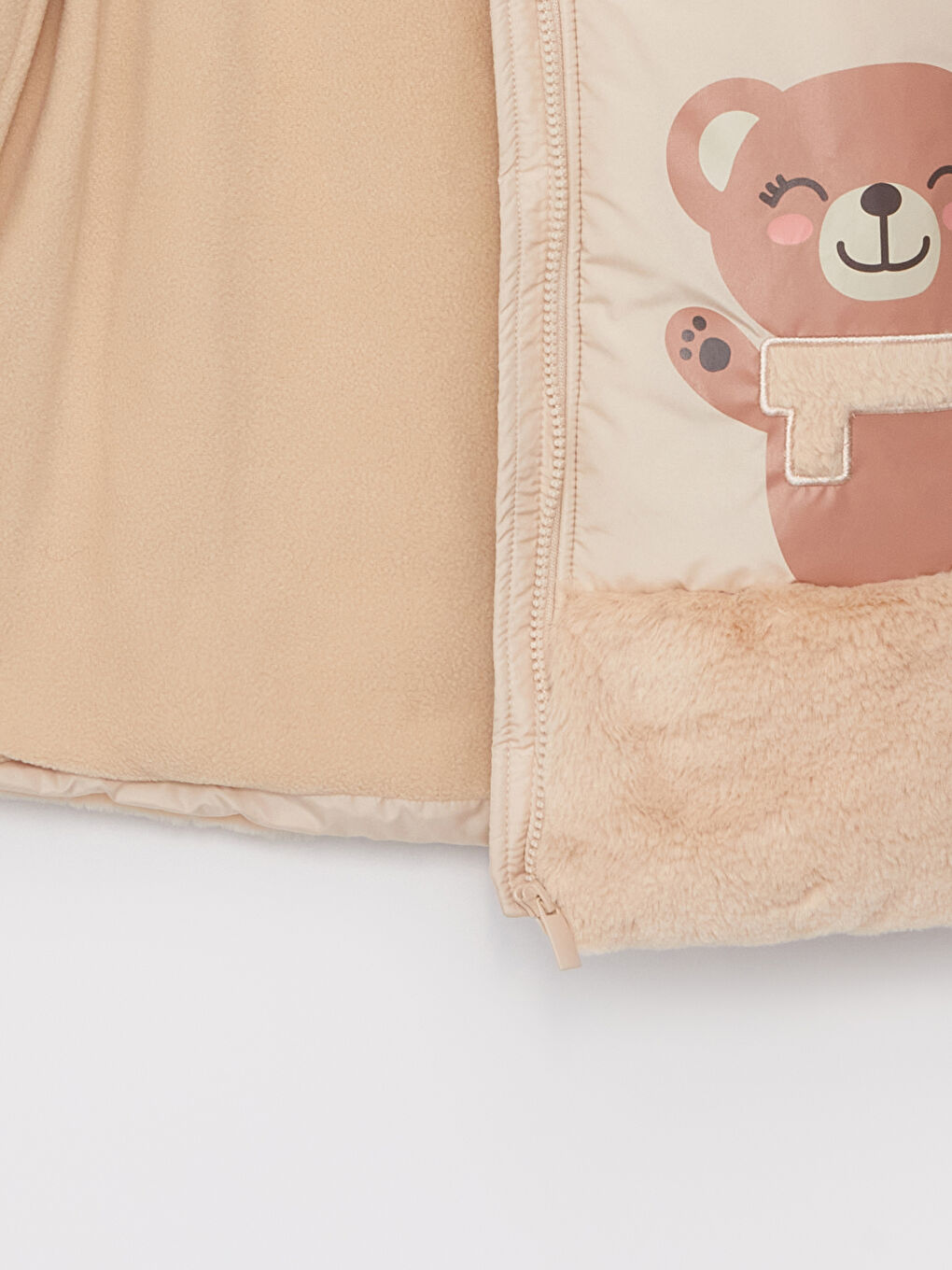 Bej Kapüşonlu Baskılı Kız Çocuk Mont-2