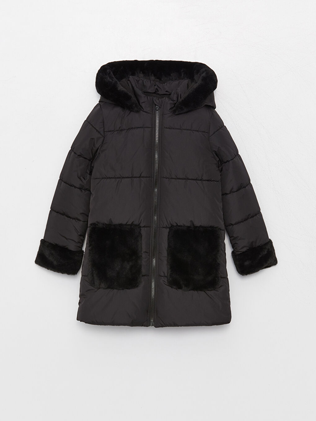 Siyah Kapüşonlu Basic Kız Çocuk Mont