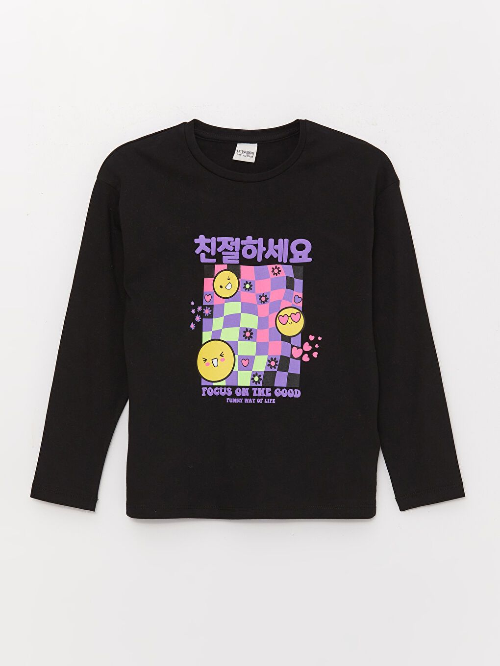 Siyah Bisiklet Yaka Baskılı Uzun Kollu Kız Çocuk Tişört