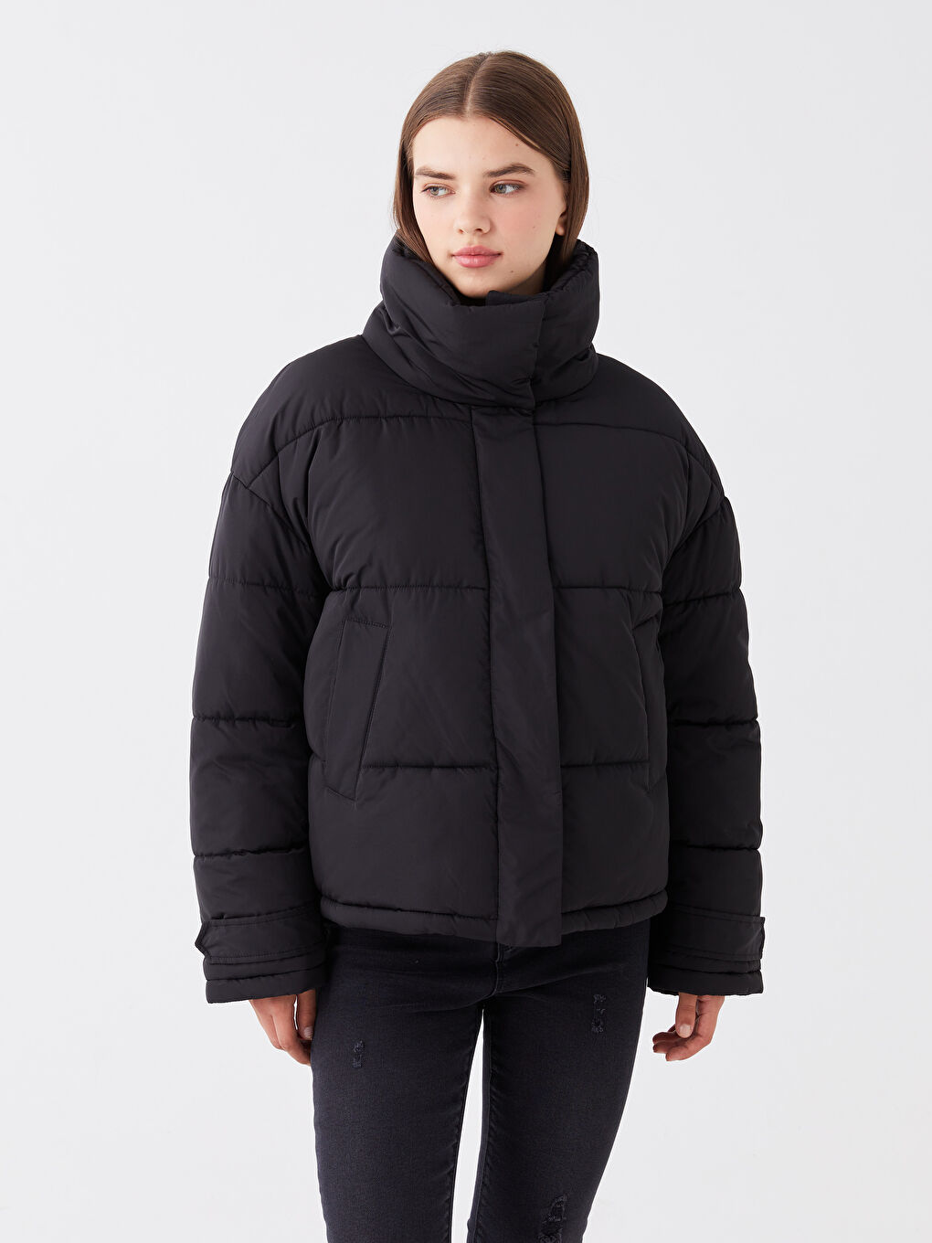 Stand Up Collar Straight Long Sleeve Oversize Women's Down Coat -W32233Z8-CVL