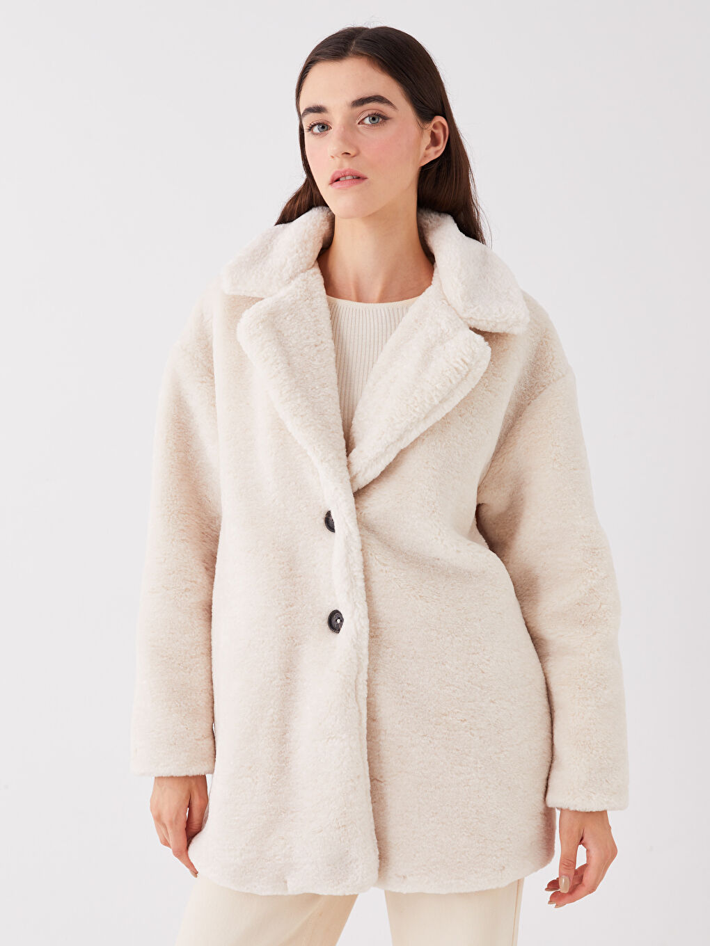 Paltoane de Pluș pentru Femei cu Guler de Cămașă și Mânecă Lungă Drepte