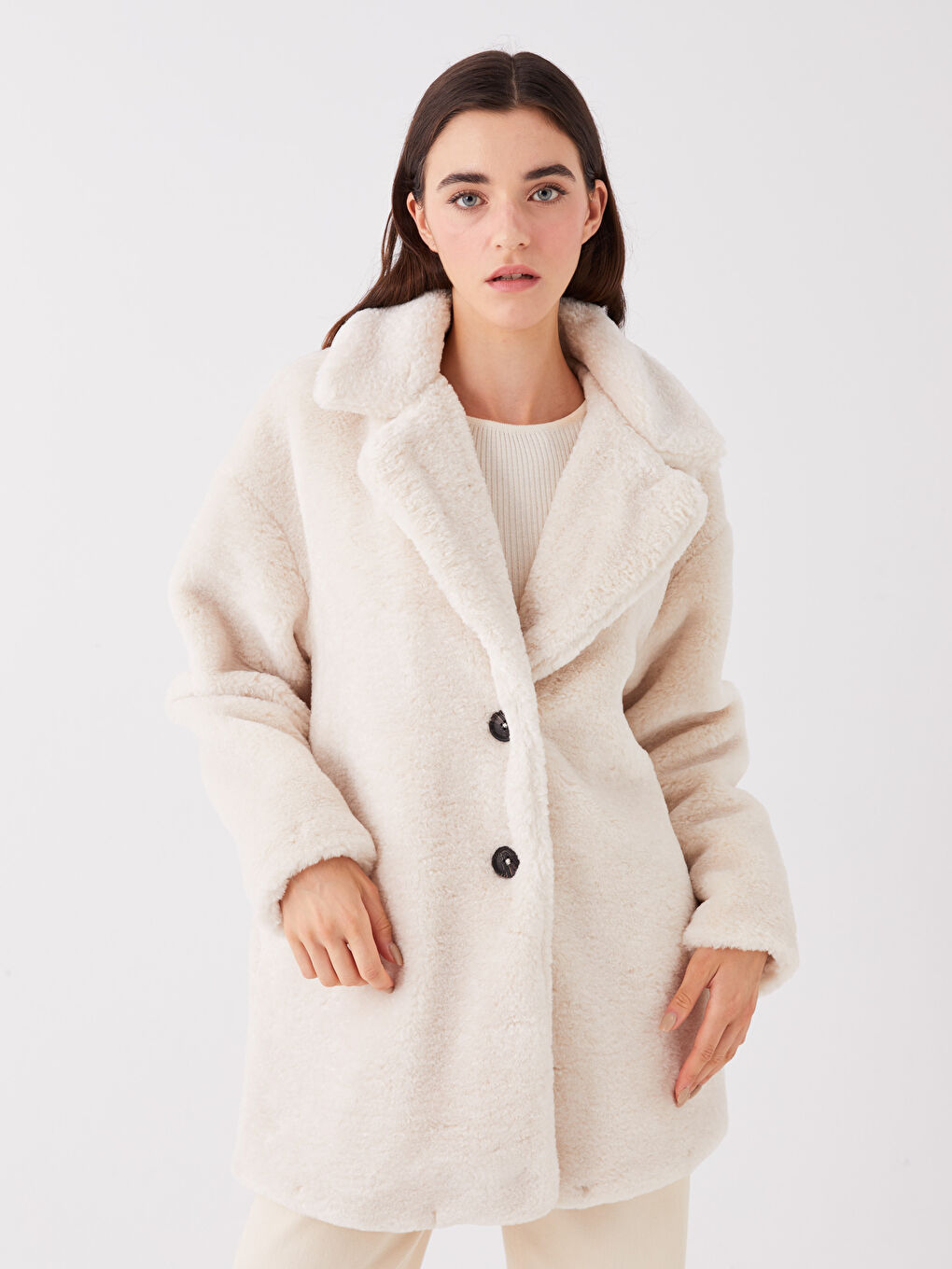 Paltoane de Pluș pentru Femei cu Guler de Cămașă și Mânecă Lungă Drepte-1