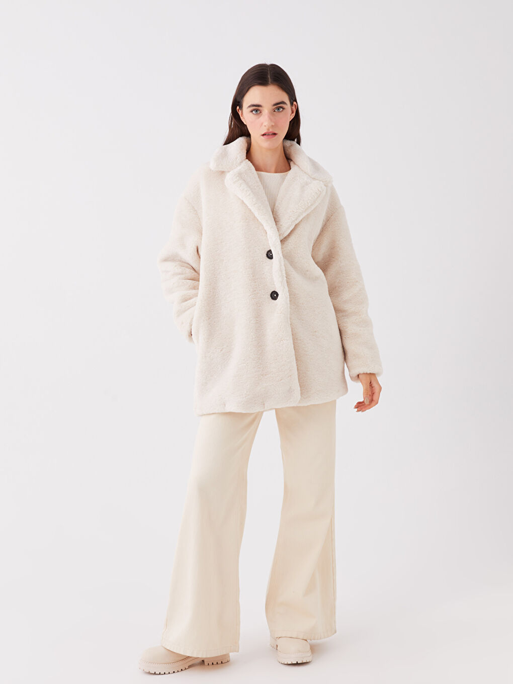 Paltoane de Pluș pentru Femei cu Guler de Cămașă și Mânecă Lungă Drepte-2