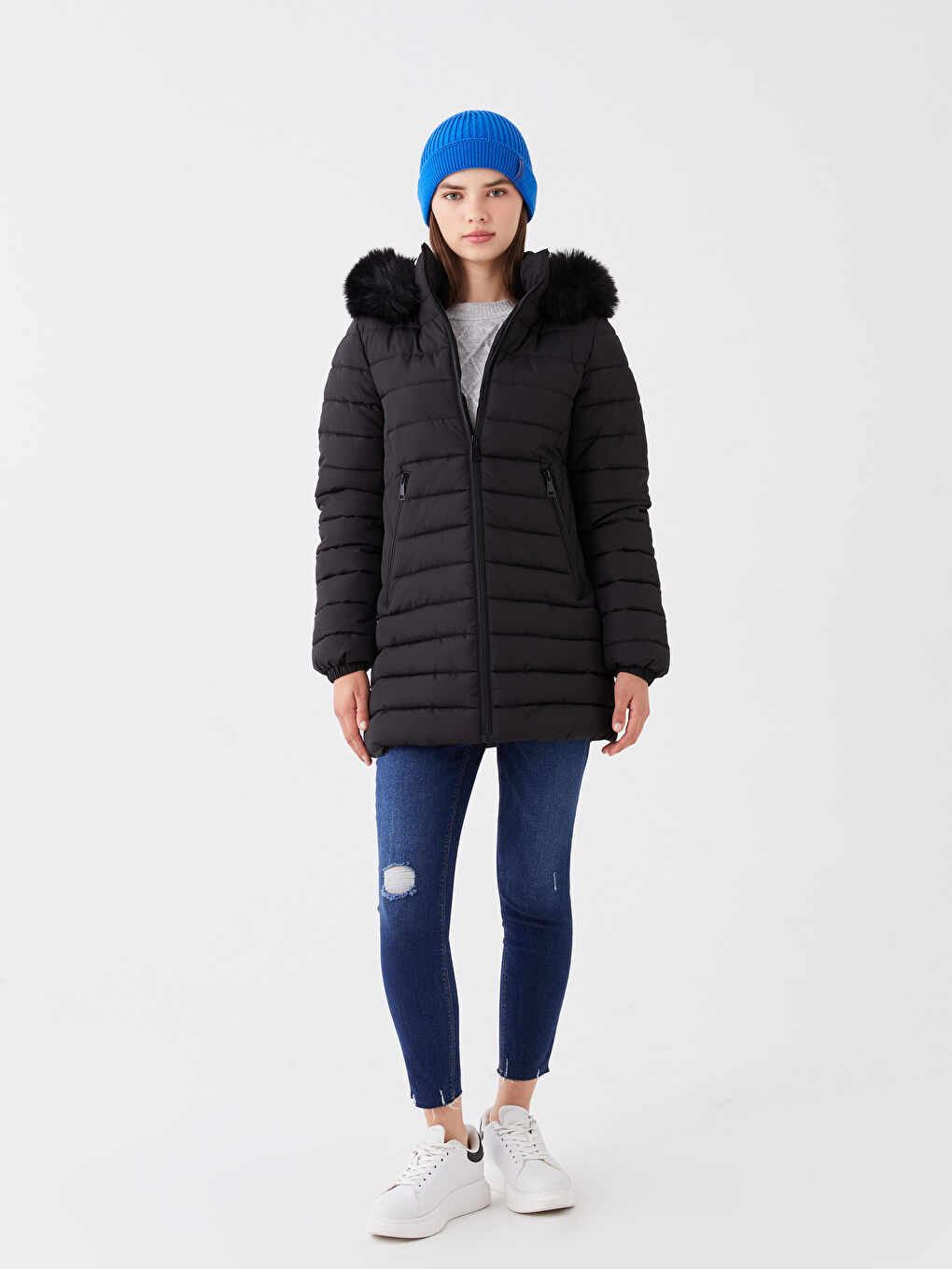 Siyah Kadın Kapüşonlu Düz Şişme Mont-2