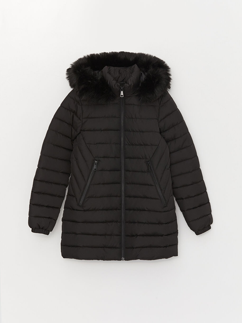 Siyah Kadın Kapüşonlu Düz Şişme Mont-6