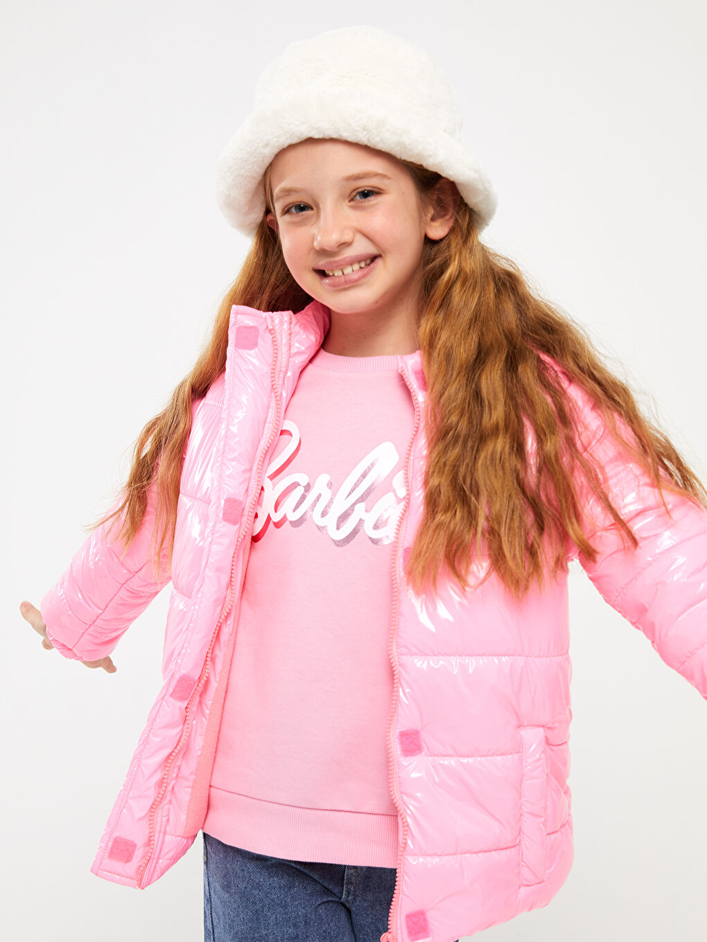 Pembe Kapüşonlu Kız Çocuk Şişme Mont