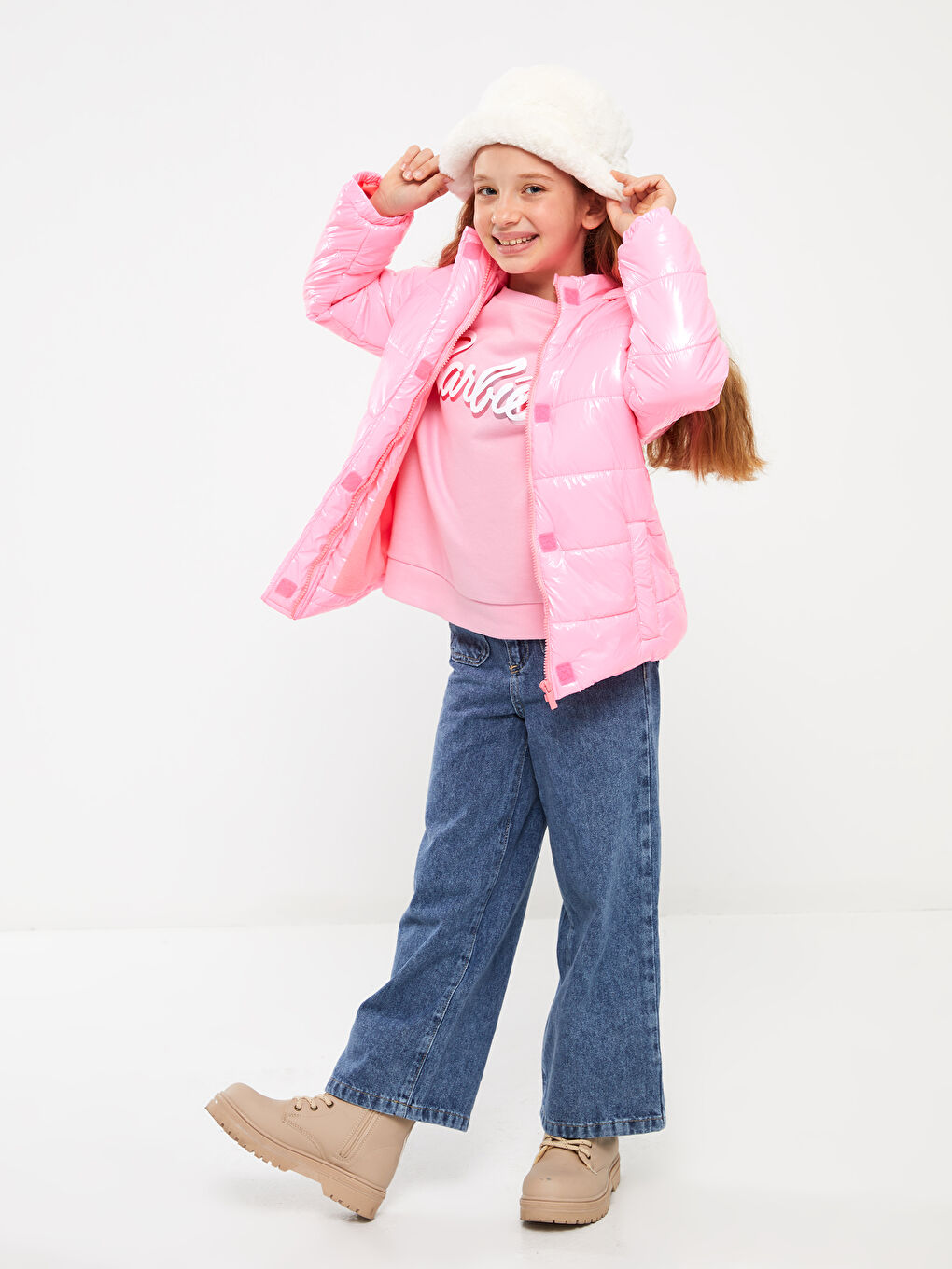 Pembe Kapüşonlu Kız Çocuk Şişme Mont-2